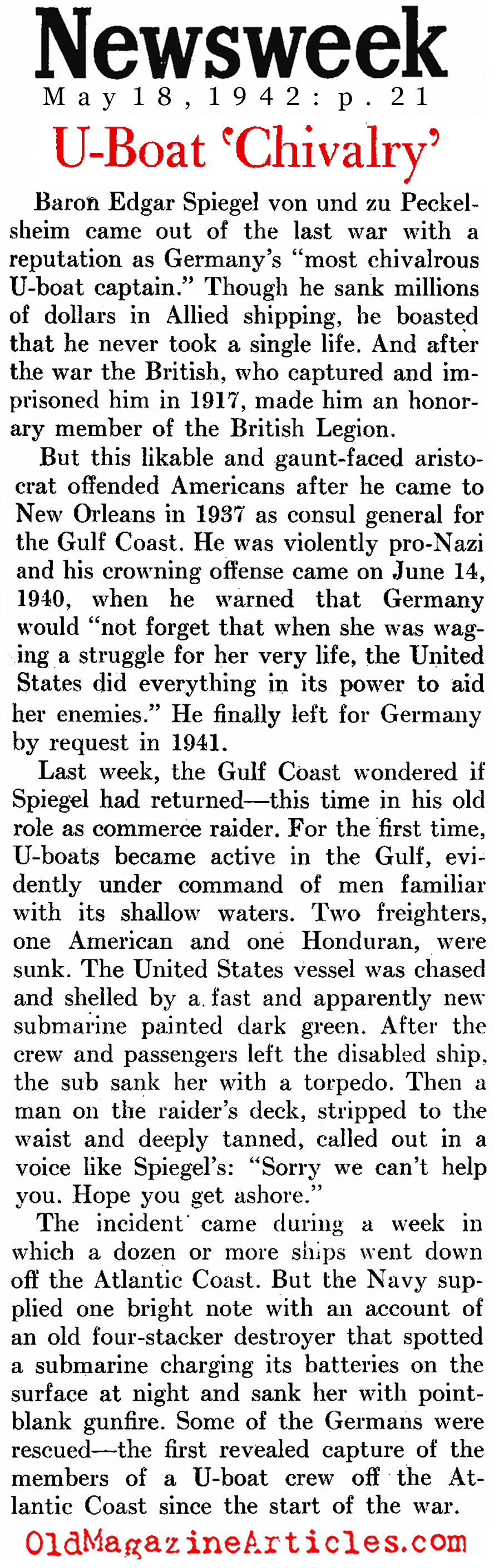U-507 In The Gulf of Mexico (Newsweek Magazine, 1942)